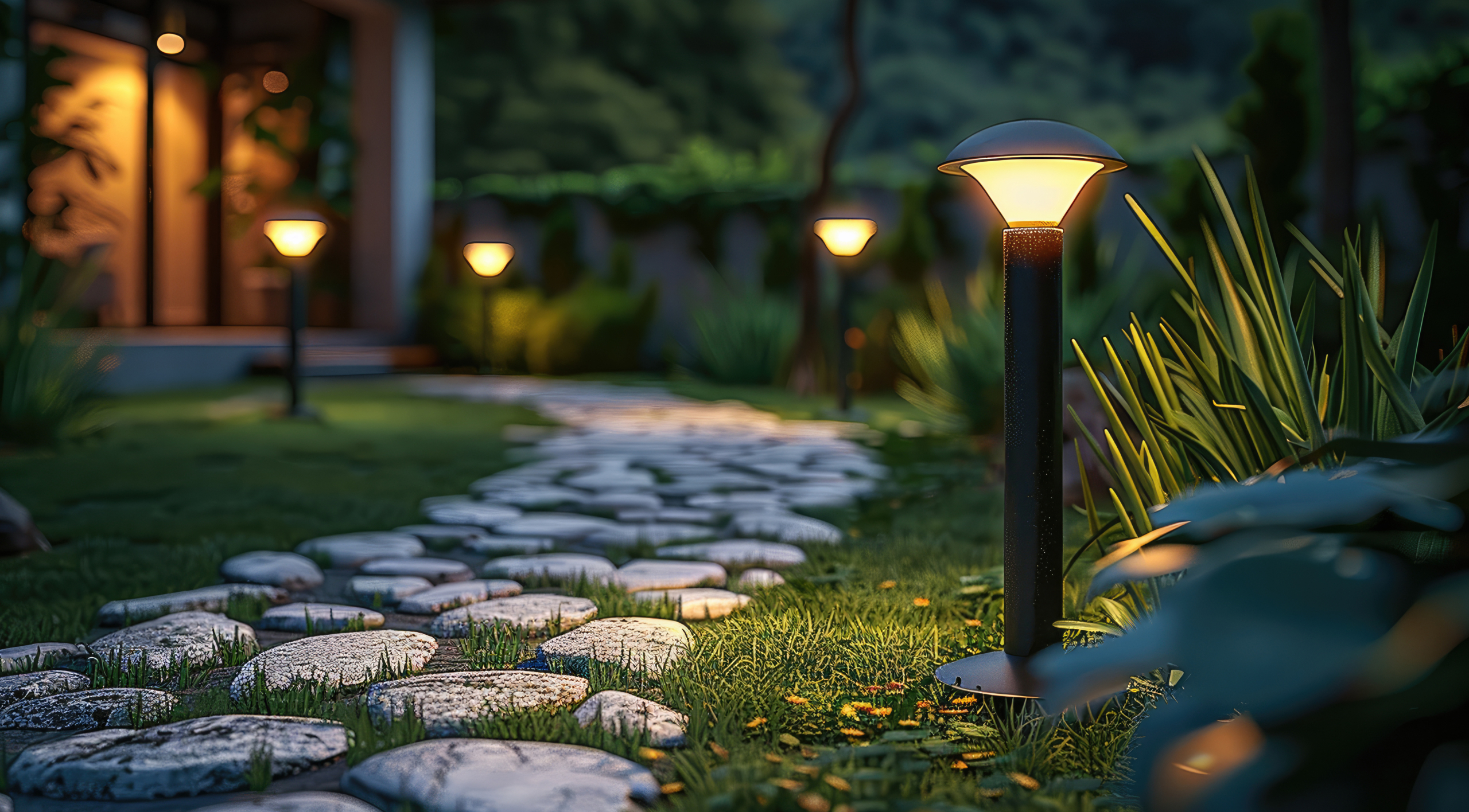 At night, there is a lawn outside with stone roads and grass on both sides of each road. There are three LED floor lamps on the front. Garden landscape lighting design is simple. Belysning inne og ute